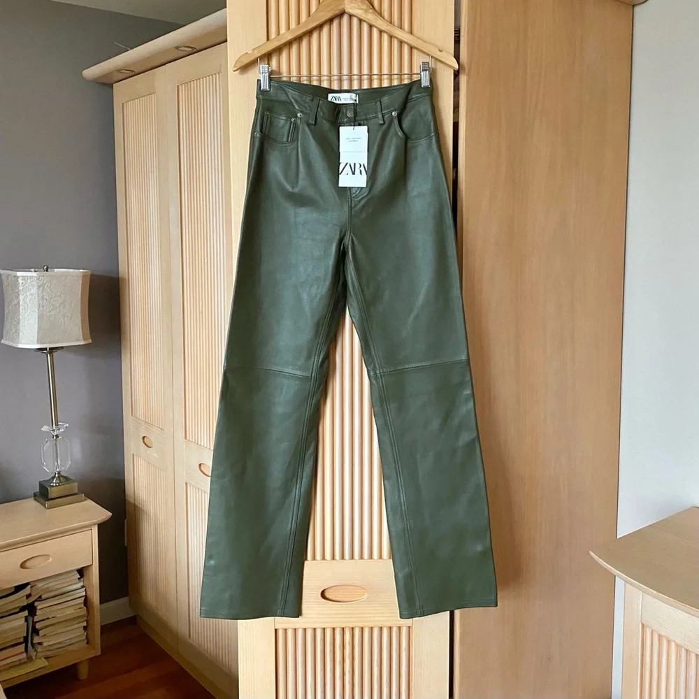 Zara genuine leather straight leg pants limited edition blogger aritzia melina - Picture 5 of 13